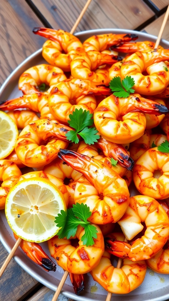 Grilled shrimp skewers with lemon wedges on a rustic wooden table.